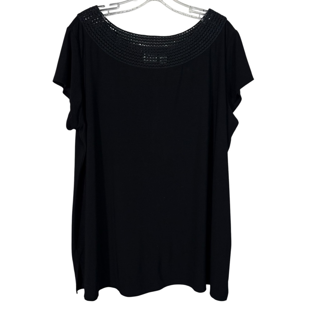 Cato Black Round Crochet Knit Collar Stretch No-Iron Liquid Knit Top Blouse 20